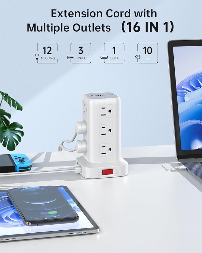 AnnTane Surge Protector Power Strip 10 FT Cord, Power Strip Tower with 4 USB Ports (1USB C), Extension Cord with 12 AC Multiple Outlets, Home Office Supplies Desk Accessories, Dorm Room Essentials