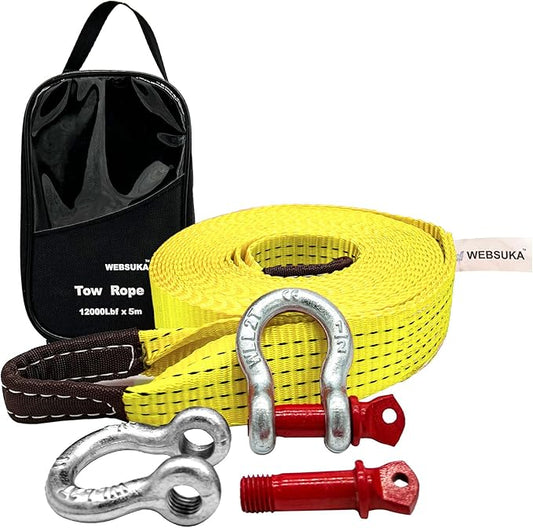 Heavy Duty Tow Straps Recovery Kit, 2" x 16ft Recovery Strap with 12000 lbs Break Strength, Heavy Duty Tow Rope D-Ring Shackles for Towing Vehicles, Boats(Yellow)