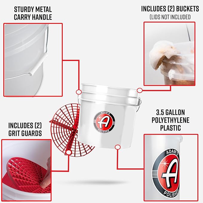 Adam's Polishes 3.5 Gallon Car Wash Buckets & Grit Guards (2 Pack) - Detailing Bucket for Washing & Storage | Stores Soap, Foam Cannon, Towels & More