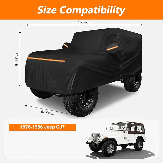 Car Cover for Jeep CJ7 1976-1986, Waterproof 420D Oxford Cloth and Cotton Cover Outdoor Full Car Covers with Zipper Windproof Heavy Duty All Weather Protection