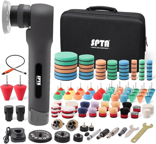 Cordless Mini Polisher, SPTA 12V Cordless Polisher for Detailed Polishing, Cordless Car Buffer Polisher, RO&DA Buffer Polisher with Mini Polishing Pads and Wool Pads for Polishing, Sanding, Cleaning