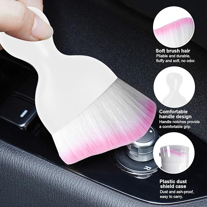Ziciner 2 PCS Car Detailing Brush, Curved Soft Bristles Auto Removal Dust Collectors, Universal Vehicle Dashboard, Air Conditioner Vents etc Interior Cleaning Tool Accessory (White/White/Pink)