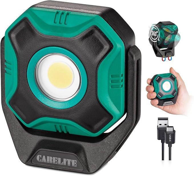 Work Light, 700 Lumen Rechargeable Magnetic Light with 3 Modes & 360° Pivoting Head for Mechanics & Outdoor Use (Green)