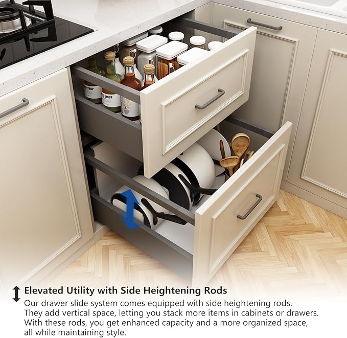 VADANIA Under-Mount Drawer Slide Set, 16-Inch Deep, with Side Panel & Heightening Rods, Hidden Design, Soft Close, Full-Extension, 1-Pair