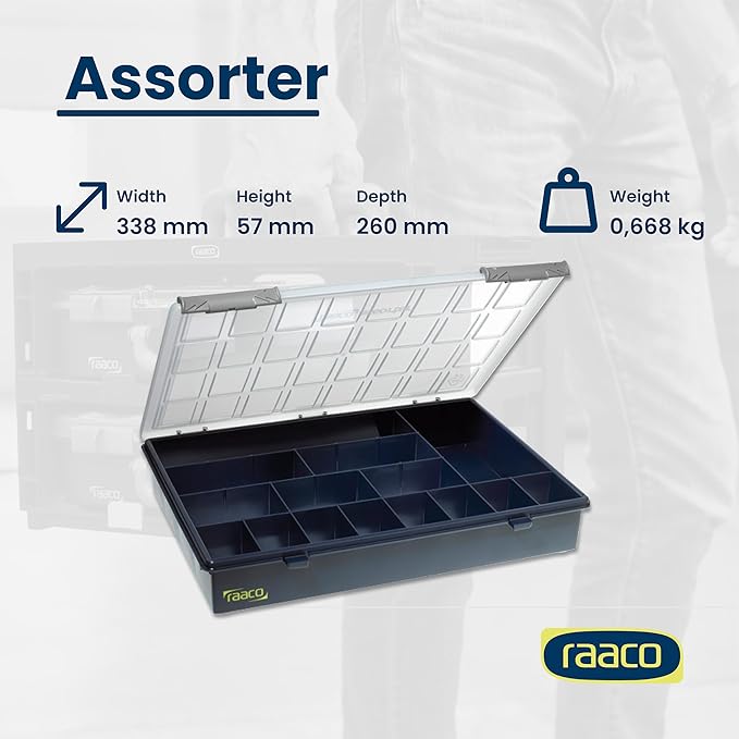 Raaco Assorter Tool Box Organizer – Full-Size – 15 Slots Fixed Grid with Semi-Transparent Lid, Polypropylene (PP) Storage Box for Screws, Nuts and Bolts, Small Parts & Hardware (Assorter 4-15)