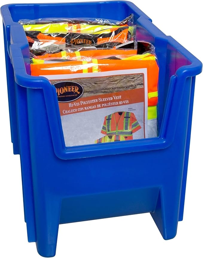 Akro-Mils 13014 Stak-N-Store Heavy Duty Stackable Open Front Plastic Storage Container Bin, (17-1/2" x 11" x 12-1/2"), Blue, (4-Pack)