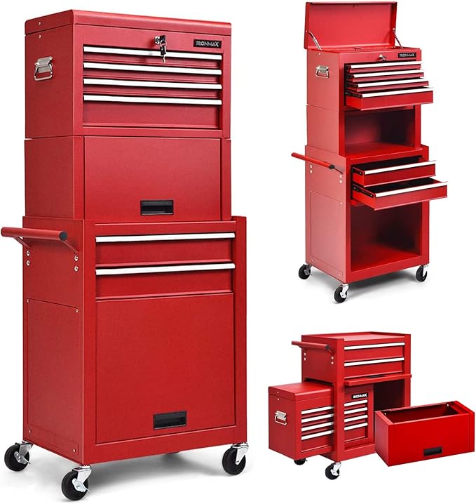 Goplus Tool Chest, 3-in-1 Rolling 6 Drawers Tool Cabinet with Detachable Top Toolbox, Middle Tool Storage, Universal Lockable Wheels, Protective Liner, Auto Lock, Metal Tool Box for Garage Workshop