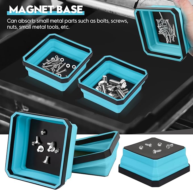 Collapsible Parts Tray Set, 4 Pack New Version Magnetic Tool Trays for Screw Bolts Nuts Washers Pins & Small Metal Parts-4.5' Square Silicone Bowls with Double Sided Magnetic Base(Sky Blue)