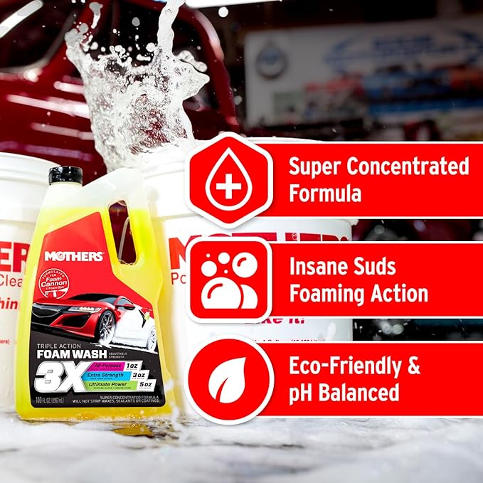 Mothers Triple Action Foam Wash, 100 oz. — pH Balanced, Eco-Friendly, Super-Sudsy, Foam Cannon, Safely Clean Without Stripping Wax, Sealant or Coating, Remove Dirt & Grime, Super Concentrated (05610)