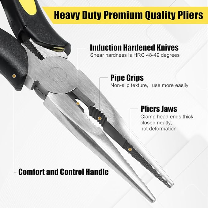 Premium Long Needle Nose Pliers-8’’, Paper Clamp Precision, High Carbon Steel, Soft Grip with Wire Cutter, Long Nose Cutting Pliers for Home, Fishing, Jewelry, Crafts,1pcs
