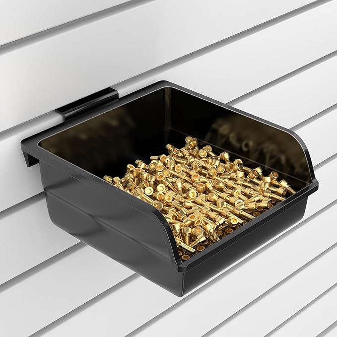 6 Pack Slatwall Bins with Hooks Plastic Slatwall Organizer Slatwall Containers Workbench Bins for Slat Wall Organizing Hardware, Garage, Craft Room, Tool Shed, Hobby Supplies (6, Black)