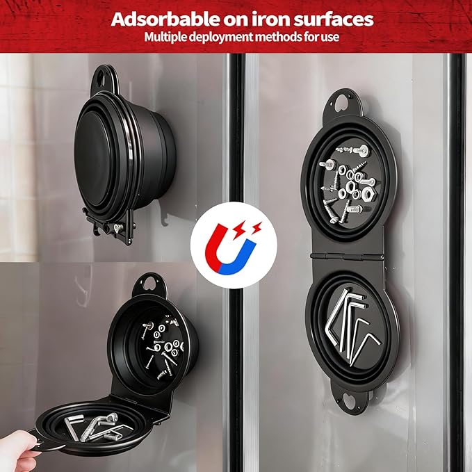 Collapsible Magnetic Parts Tray Set, New Upgraded Version Magnetic Trays, Integrated 5.1" Round Dual Silicone Bowls, Multi-Use Nuts And Bolts Organizer, Bonus Hook for On-the-Go Carry (black2.0)