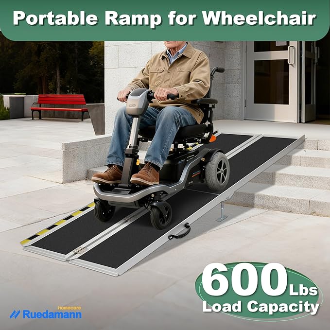 Ruedamann 8FT Wheelchair Ramp, 600Lbs Capacity, Non-Slip Threshold Ramp, Portable Aluminum Folding Handicap Ramp, Wider Design, Mobility Ramp for Home, Wheelchairs, Steps, Stairs, Doorways, Curbs