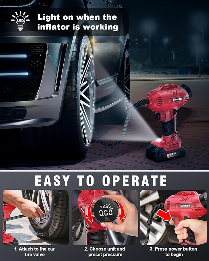 Tire Inflator Portable Air Compressor, 150 PSI Handheld Air Pump for Car Tires with 20V Rechargeable Battery, 12V Car Power Adapter, Digital Display, Ball, Motorcycle, Bike Pump
