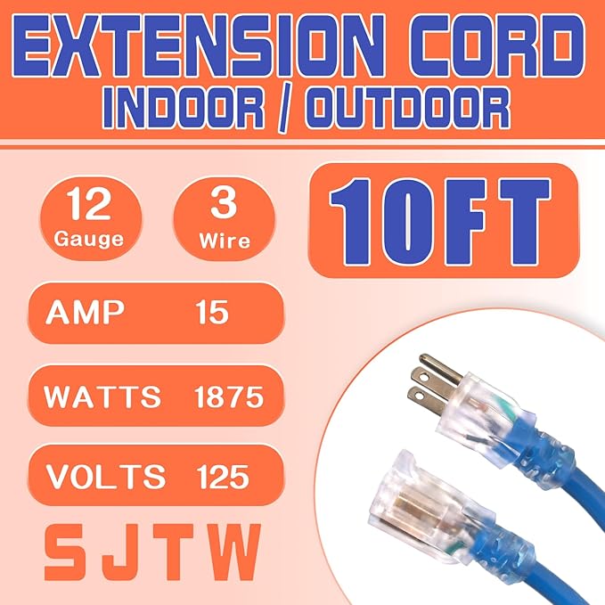 Outdoor Extension Cord with Lighted End, 12 Gauge Heavy Duty 10 FT, 3 Prong Grounded 15 Amp Extension Cord, 12/3 SJTW Waterproof Power Cord for Appliance, UL Listed, Blue