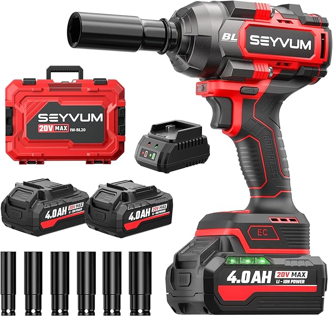 SEYVUM Cordless Impact Wrench, 1/2” Max Torque 900 Ft-lbs / 1200 N.m Powerful Impact Gun, 20V 3500RPM Electric Impact Driver, 2 x 4.0Ah Battery & Fast Charger, 6 Impact Sockets, Carrying Case Included