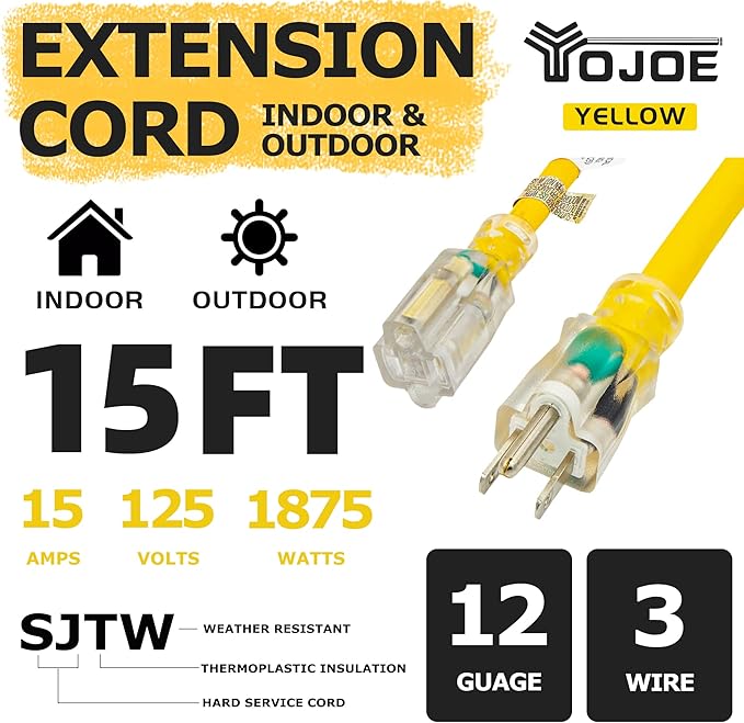 YOJOE Indoor Outdoor Extension Cord with Lighted End, 12 Gauge Heavy Duty 15 ft Yellow 3 Prong 15A Weatherproof Power Cord for Garage, Garden and Home, 12/3 SJTW UL Listed