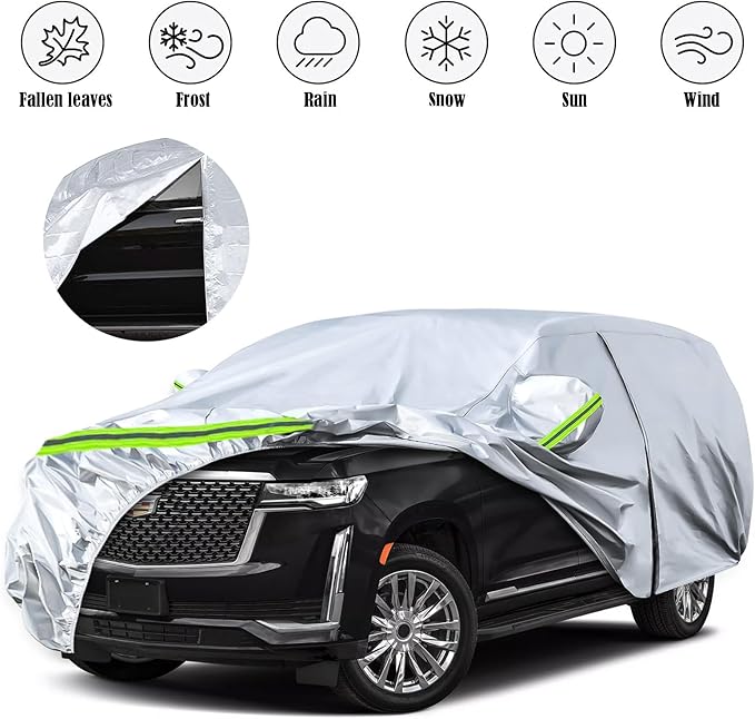Waterproof Car Covers Replace for 2007-2025 Chevy Suburban/GMC Yukon XL/Cadillac Escalade ESV, 6 Layers Silver All Weather Car Cover with Zipper Door for Snow Rain Dust Protection