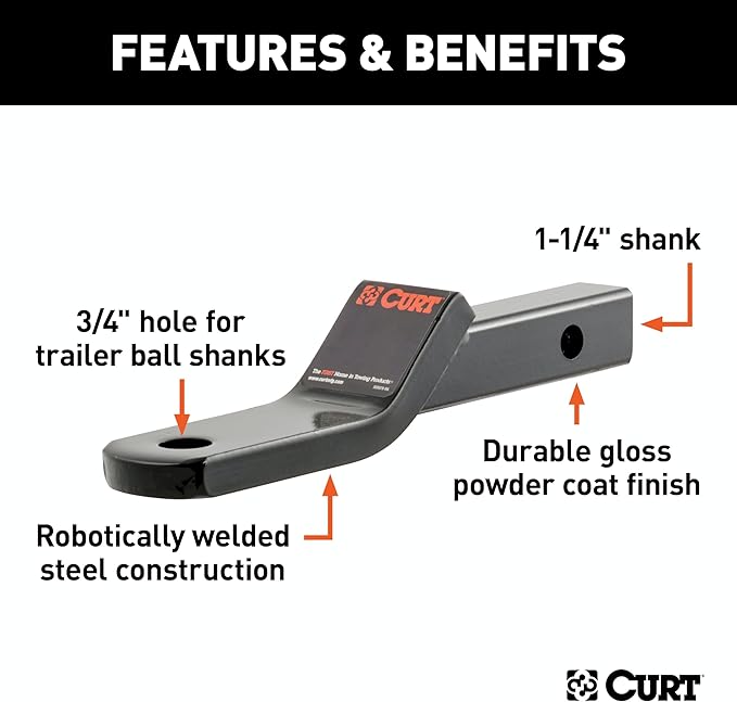 CURT 45503 Class 2 Trailer Hitch Ball Mount, Fits 1-1/4-Inch Receiver, 3,500 lbs, 3/4-Inch Hole, 1-Inch Drop, 3/8-Inch Rise