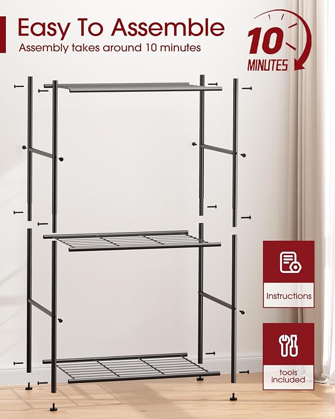 Sakugi 3-Tier Metal Storage Shelves - Space-Saving Shelf Organizer for Small Spaces, Compact Shelving Unit with Adjustable Feet for Kitchen, Garage, Laundry Room (17.7" x 12.5" x 30.1", Black)