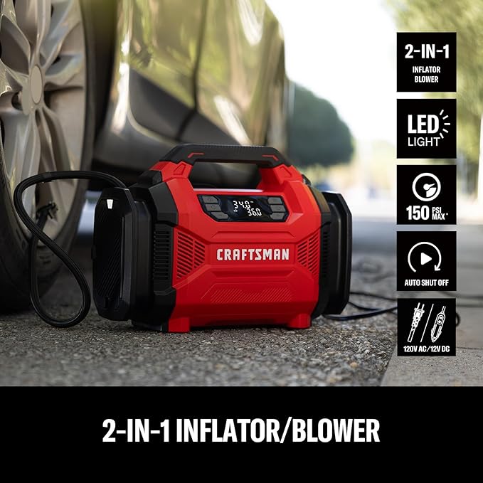 CRAFTSMAN Dual Power Tire Inflator Portable Air Compressor, 12V DC Car Plug & 120V AC Home Use, Up to 150 PSI with Digital Gauge & Auto Shut-Off, LED Light, Air Pump for Cars, Bikes & Inflatables