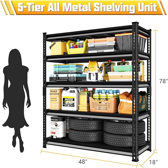 47.2" W Garage Storage Shelves Heavy Duty, 2800LBS Loads Adjustable Garage Shelving, 5-Tier Metal Shelving Units and Storage Racks, Industrial Utility Shelf,47.2" Wx17.7 Dx78 H, Black