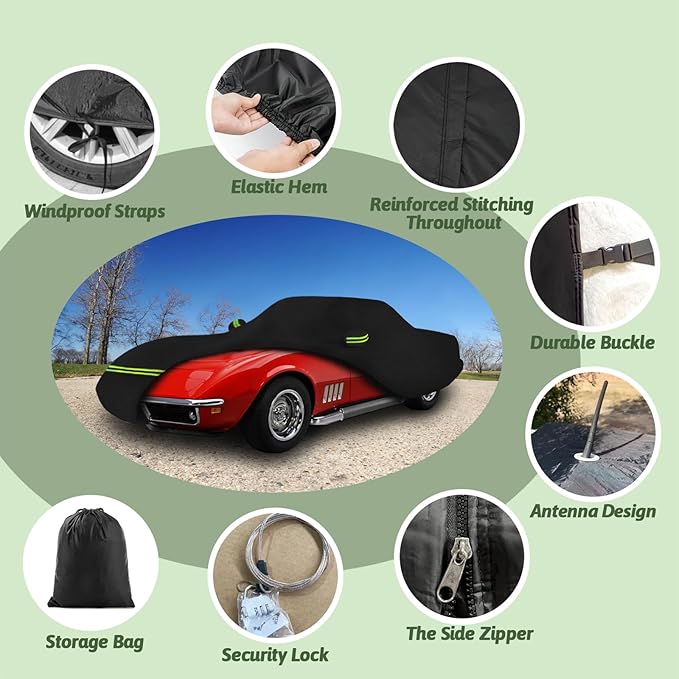 Car Covers for 1968-1982 Corvette C3, 6 Layers 210T Waterproof All Weather Sun UV Rain Snow Outdoor Windproof Full C3 Car Cover with Cotton Lining & Door Zipper-Black