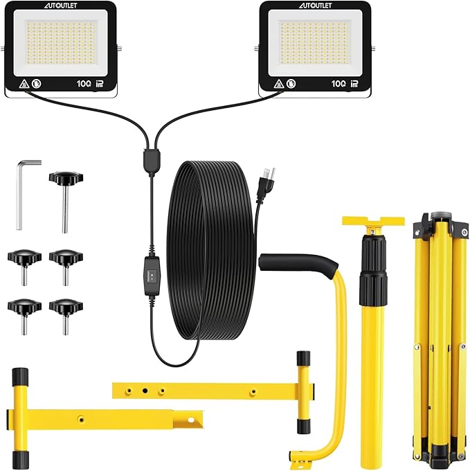 AUTOUTLET 2 Head LED Work Lights with Stand, 19000LM Adjustable Head Tripod Work Light with 16.4ft Cord, 288Pcs LEDs Beads, 3 Color Temperatures, IP66 Waterproof for Garage, Outdoor, Construction