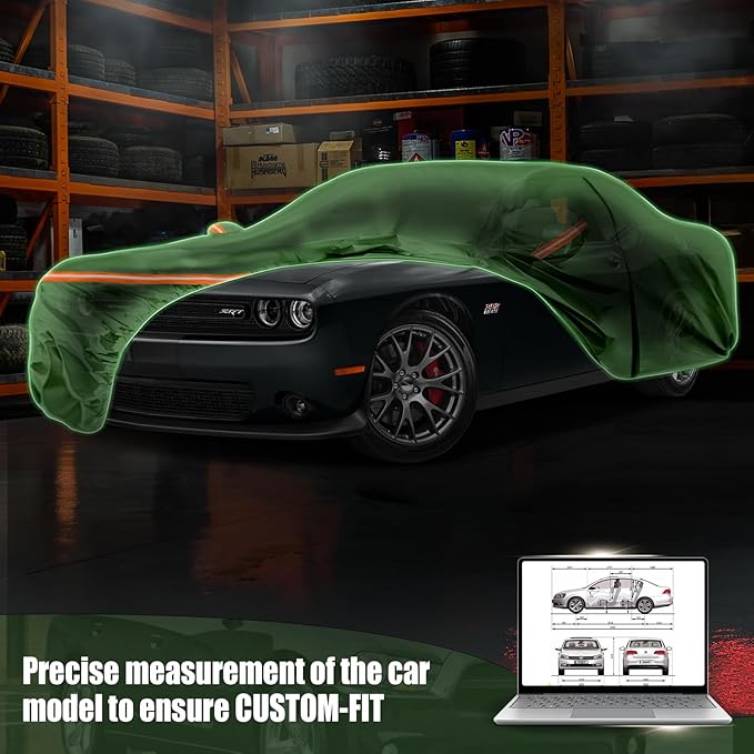Waterproof Car Covers Replace for 2008-2025 Dodge Challenger, Multilayer Heavy Duty with Cotton Liner All Weather Car Cover with Zipper Door, Windproof Bands for Snow Rain Dust Protection