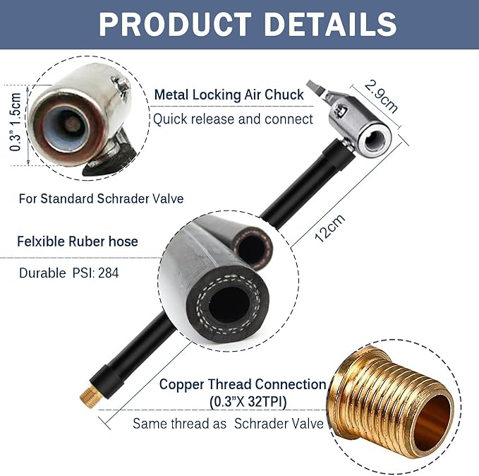 Flexible Extension Tire Valve Adaptor, air Hose inflator Adapter, Standard tire Valve Thread Quick Connect and Release, Self Locking, for Car Truck Motorcycle Bike,1PC