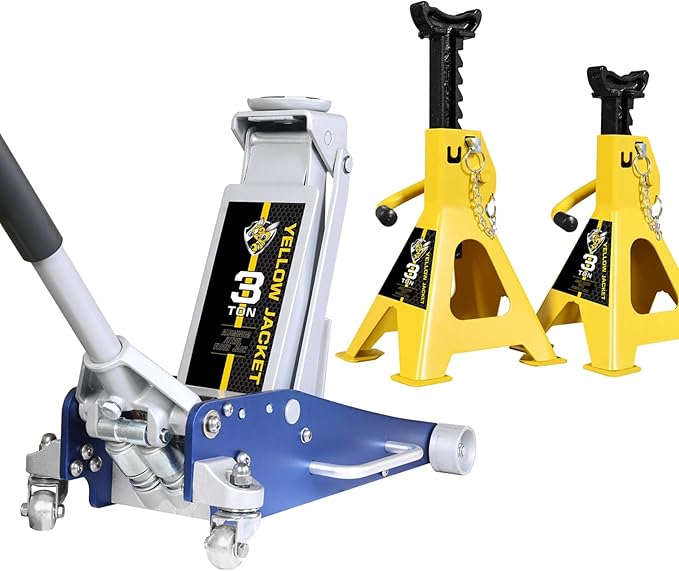 YELLOW JACKET 3 Ton Low Profile Aluminum and Steel Floor Jack with 3 Ton Double Locking Jack Stands