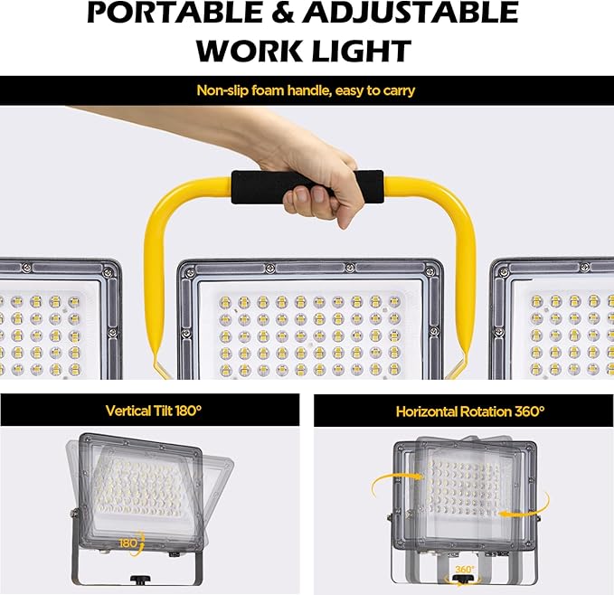 30000 Lumen LED Work Lights with Stand - 3 Adjustable Head Waterproof Foldable Tripod Light, 6500K Daylight (47-68" Height) & 18FT Cord - IP66 Rated for Construction Sites, Garage, Outdoor