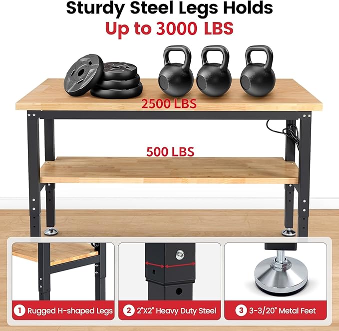 ENJOYWOOD 60" x 22" Adjustable Height Workbench with Under Table Shelf Heavy Duty Rubberwood Top Work Table for Garage, Workshop, Office & Home