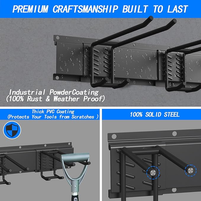 CBWLWJ Garage Tool Organizer Wall Mount, 48 inch Garage Wall Organizer, 400lbs Sturdy Garden Tool Organizer with 6 Adjustable Hooks, for Yard, Shed, Basement, Workshop(Black)