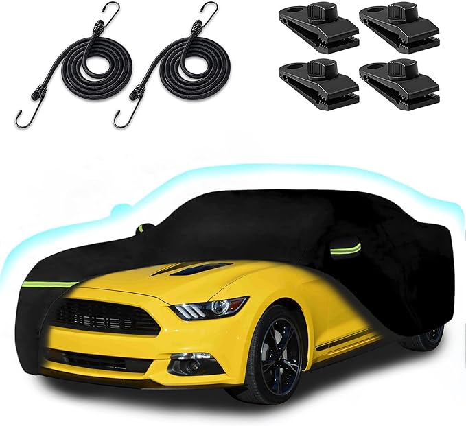 Car Covers for 1994-2024 Ford Mustang, Waterproof All-Weather Full Car Cover with Windproof Gust Strap and Zipper Door for 1994-2024 Mustang GT/Cobra/Shelby/Bullitt/ECOBOOST