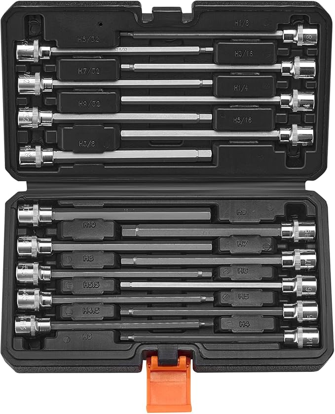VEVOR Extra Long Allen Hex Bit Socket Set, 18-Piece 3/8 inch Drive, S2 Alloy Steel and Cr-V Steel, Standard SAE and Metric 1/8-Inch-3/8-Inch, 3-12mm, with Enhanced Storage Case, for Mechanics
