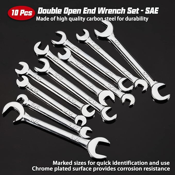 Mini Double Open End Wrench Set SAE 10 Pcs 5/32" to 7/16" with Portable Storage Pouches Mirror Chrome Finish Super Thin Open Ended Spanner Double Angle Head for Small Fasteners