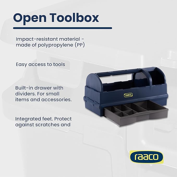 Raaco Open Portable Tool Box Organizer with Handle, Plastic Polypropylene Toolbox with 3 Compartments & Built-in Drawer, Hand-Held Storage Carrier, 55 lb Load Capacity