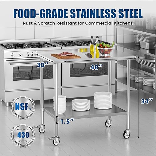 Stainless Steel Work Table with Wheels, 30x48 Inch NSF Food Prep Table with Backsplash & Adjustable Undershelf for Kitchen, Restaurant, Garage