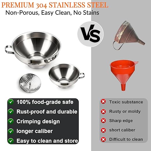 3-Piece Canning Funnel Set with Mesh Strainer - Wide & Regular Mouth Mason Jar Funnels (Large & Small) - for Kitchen, Jam, Spices, Flour & DIY - Stainless Steel