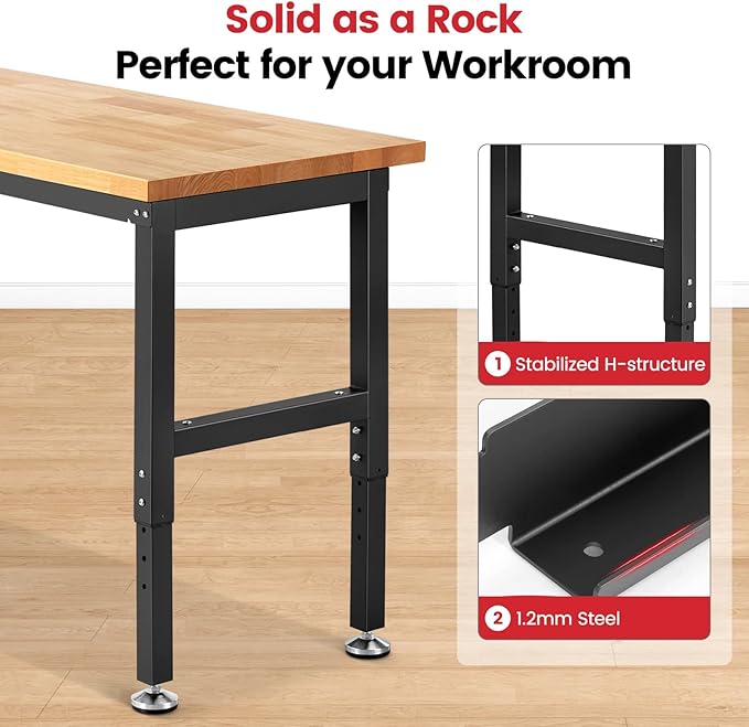 ENJOYWOOD 41" x 20" Adjustable Height Workbench for Garage Heavy Duty Rubberwood Top Work Table 1500 LBS Capacity Work Bench for Workshop, Office & Home