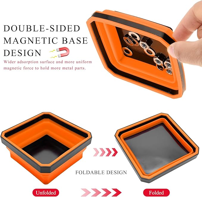 Collapsible Magnetic Parts Tray, 4.5" Square Silicone Tool Tray with Dual-Sided Magnetic Base, Foldable Small Metal Parts Organizer Storage Bowl for Screws Bolts Nuts Washers (Orange)