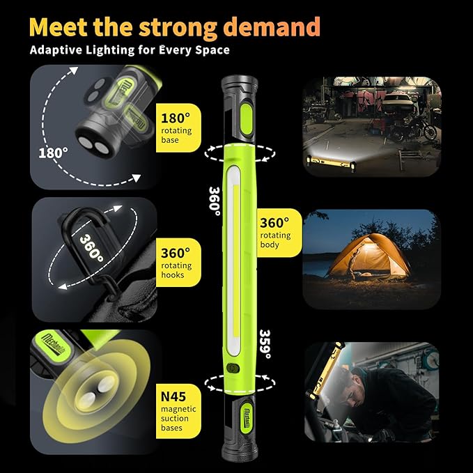 2Pack MechaniLite Under Hood Work Light Bar, 3000LM LED Magnetic Light Bar with Hooks, 5200mAh Cordless Rechargeable Hood Light for Mechanic/Car Repairing/Garage-Green