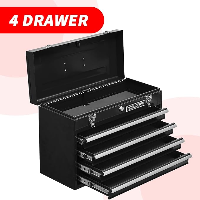 Metal Tool Box with 4 Drawers Portable Steel Tool Chest with Metal Cylinder Lock and Latch Closure, liner, Black and Red two color Powder coating, suitable for Garage, Warehouse and Outdoor Repair job