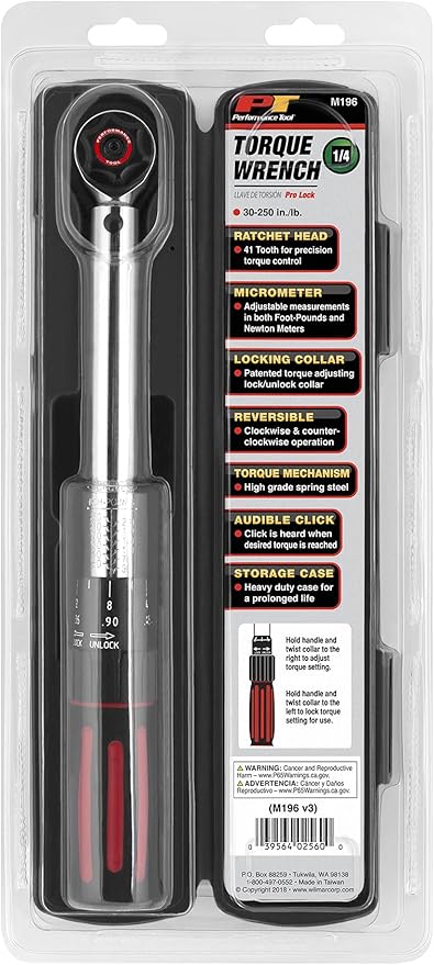 Performance Tool M196 1/4-Inch Drive Torque Wrench 250 inch/lb. - Dual Scale, Audible Click, Precision Ratchet