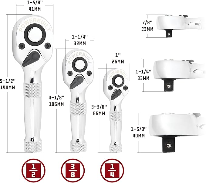 Powerbuilt 3 Piece 1/4-Inch, 3/8-Inch and 1/2-Inch Stubby Ratchet Set, Quick-Release Reversible 90 Tooth, Tight Spaces, Mini Small Ratchet Wrench - 643153ECE