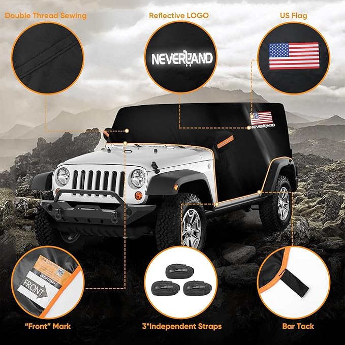 NEVERLAND Wrangler Cab Cover Waterproof - 2007-2025 Jeep Wrangler JK JL 2 Door, Half Car Cover Outdoor Oxford with Reflective Strip, Sun Snowproof Cab Car Cover Black