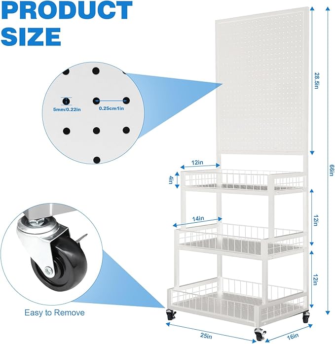 NectaCol Pegboard Panels, 3-Tiers Metal Pegboard Display Stand with Peg Board Panel, Standing Pegboard Display Rack, Craft Show Display, Art Display and Retail Display Stand with 10 Hooks - White