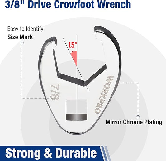 WORKPRO 3/8" Drive Flare Nut Wrench Set, 10-piece Crowfoot Flare Nut Tool Kit, SAE 3/8-1in, Steel Wrench With Storage Rail for Nut Removal