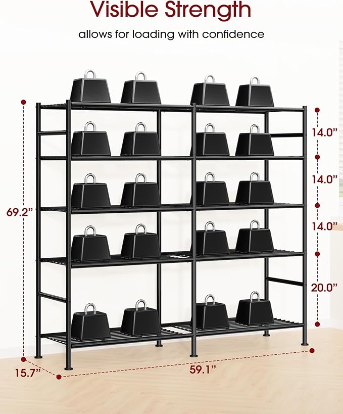 Sakugi Storage Shelves - 5-Tier Heavy Duty Garage Shelving Units with Leveling Feet & Wall Anchor, Large-Capacity Metal Shelf for Garage, Pantry, Kitchen, 59.1" x 15.7" x 69.2", Black
